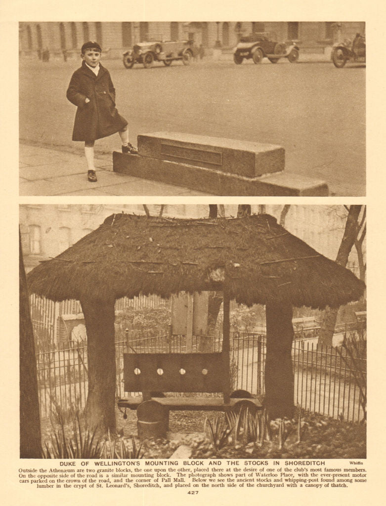 Wellington's horse block, Waterloo Place. Shoreditch stocks, St Leonard's 1926